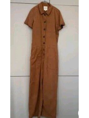 Sezane Bennie Jumpsuit Denim Coffee Brown Button-Up Short Sleeve Size 36 US 4